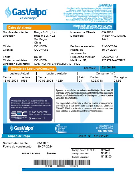 Chile GasValpo business utility bill template fully editable in word and pdf formats1